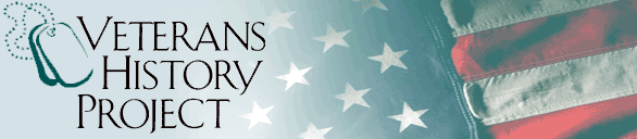 Logo of the Library of Congress Veterans History Project containing dogtags and an American flag background with the words Veterans History Project