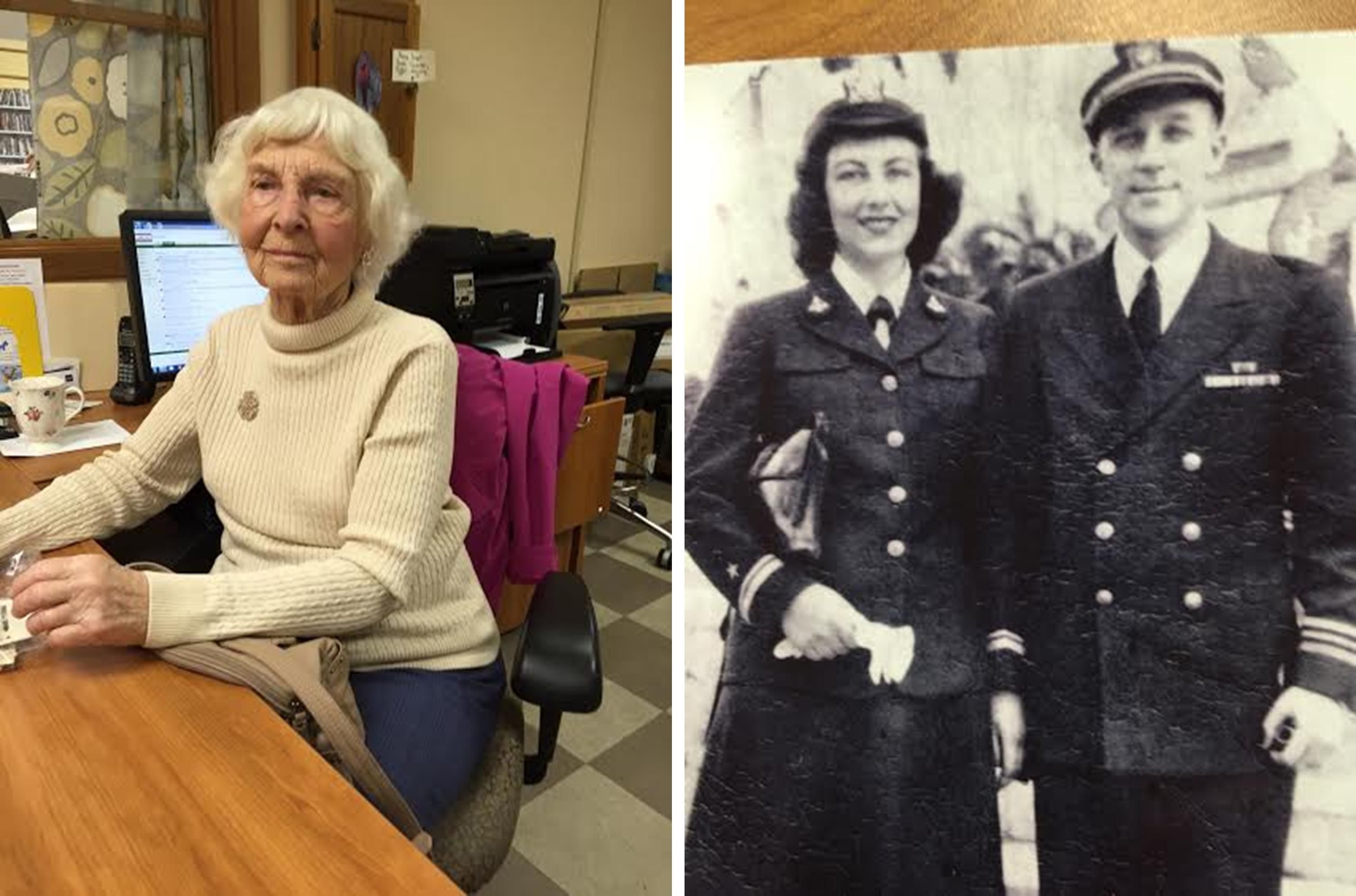 2 photographs - one of older woman in color and the other of a woman and man in military uniform in black and white
